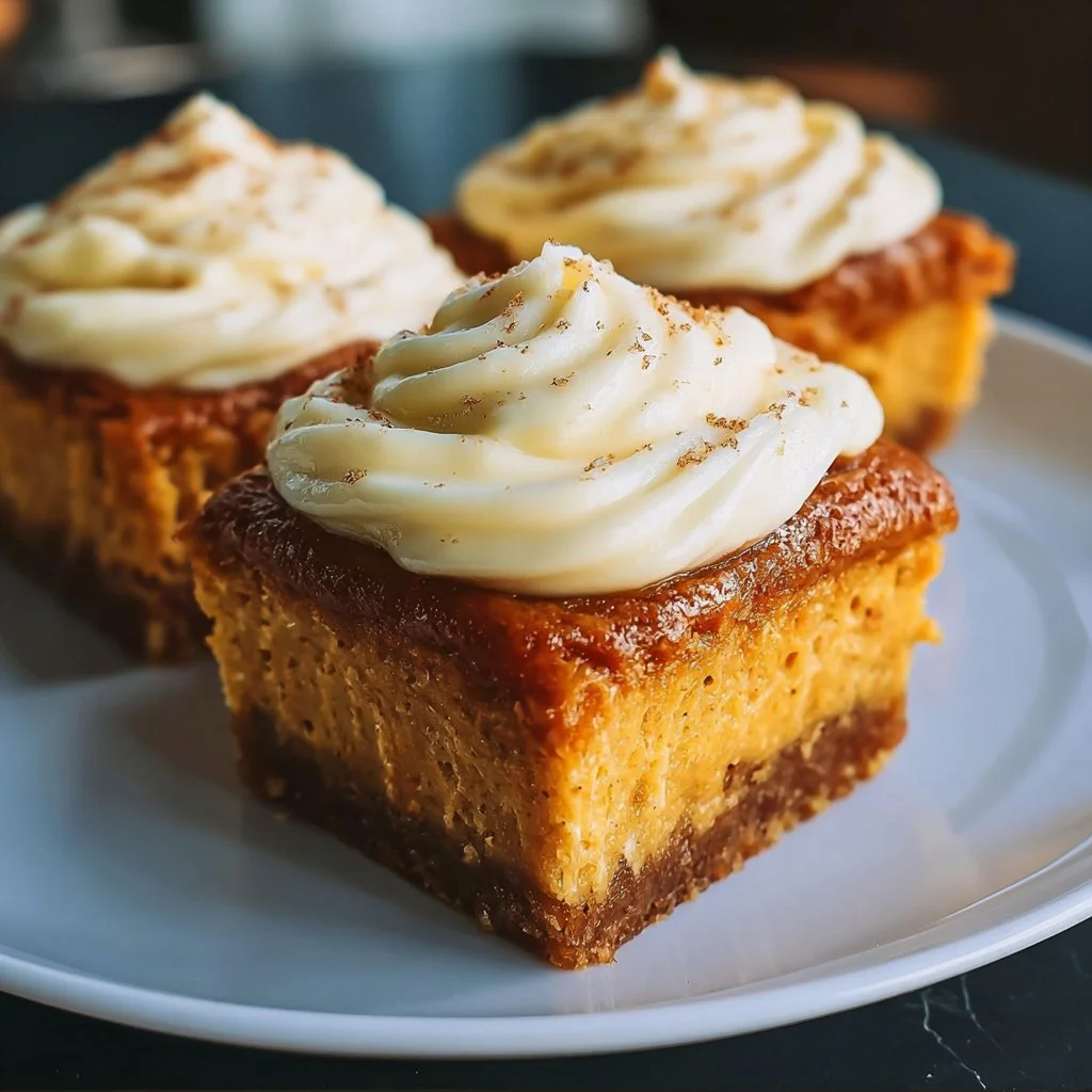 Delicious pumpkin cream cheese bars decorated with spices and pumpkin seeds.
