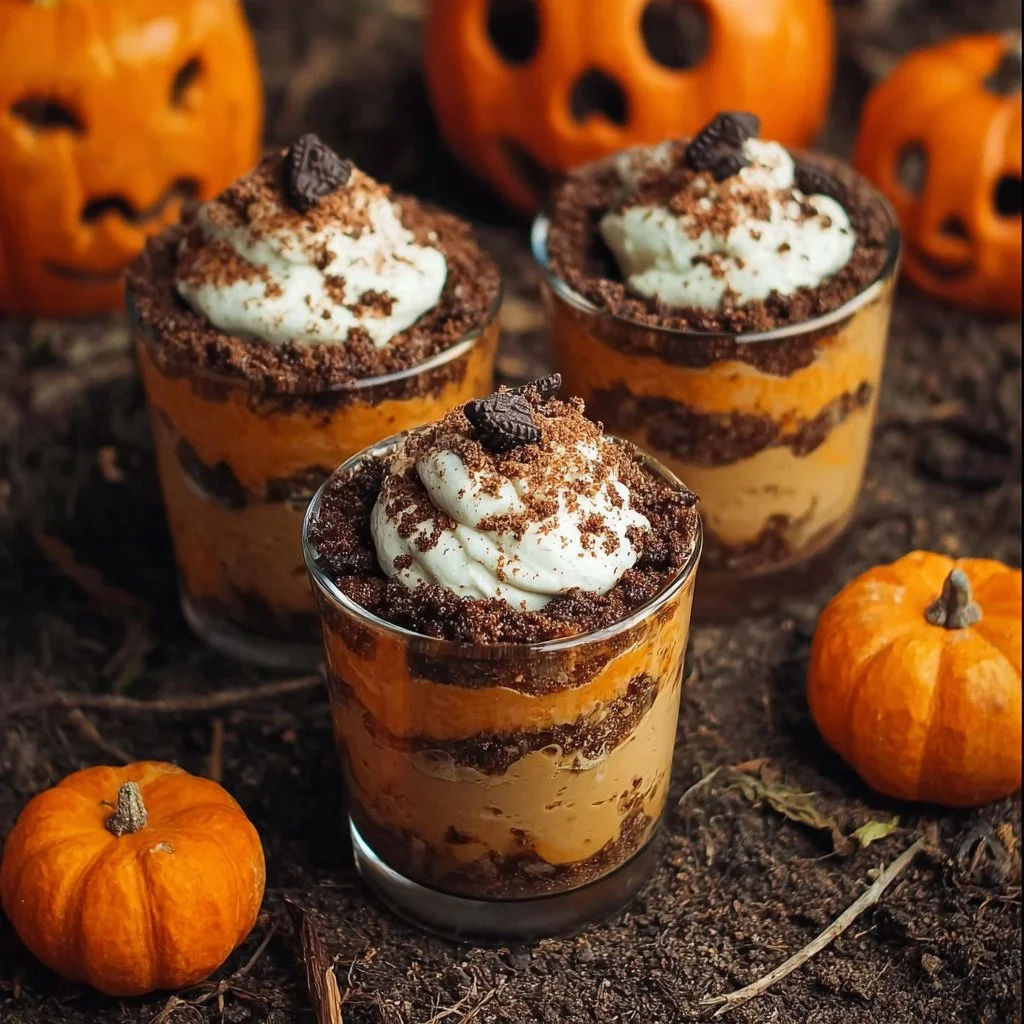 Delicious Pumpkin Patch Dirt Cups served in a festive autumn-themed cup.