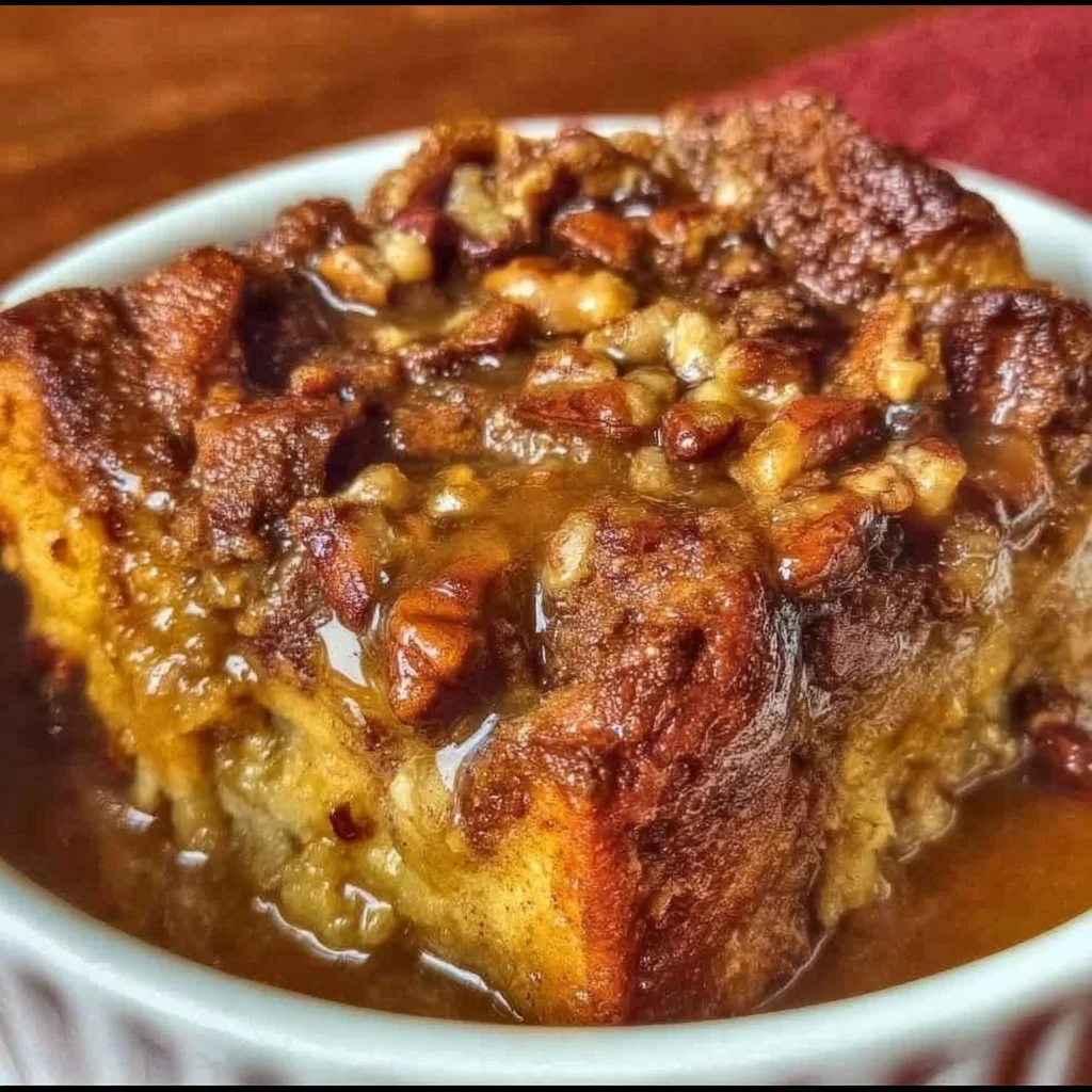 Delicious pumpkin praline bread pudding topped with crunchy praline.