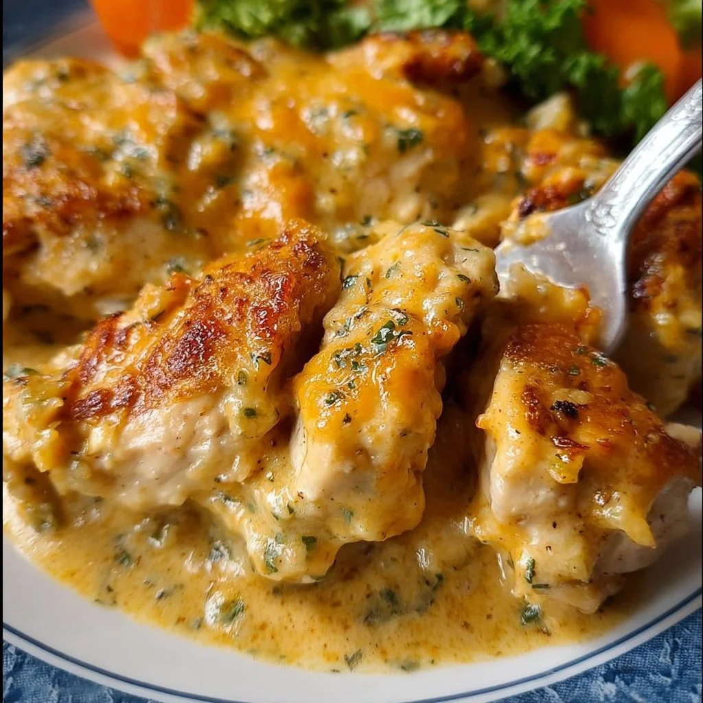 Delicious Ranch Chicken Casserole served on a plate with vegetables.