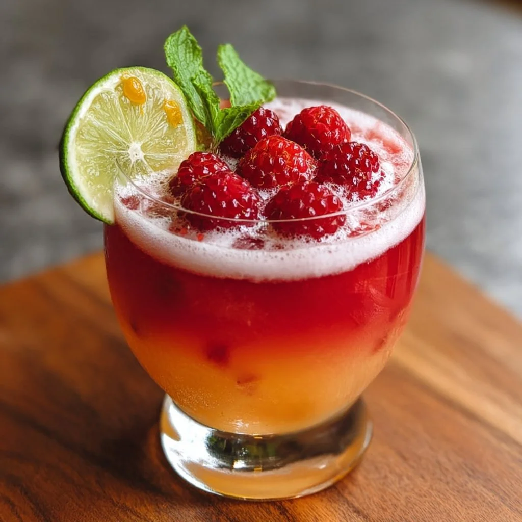 Raspberry Lime Tequila Cocktail garnished with fresh raspberries and lime