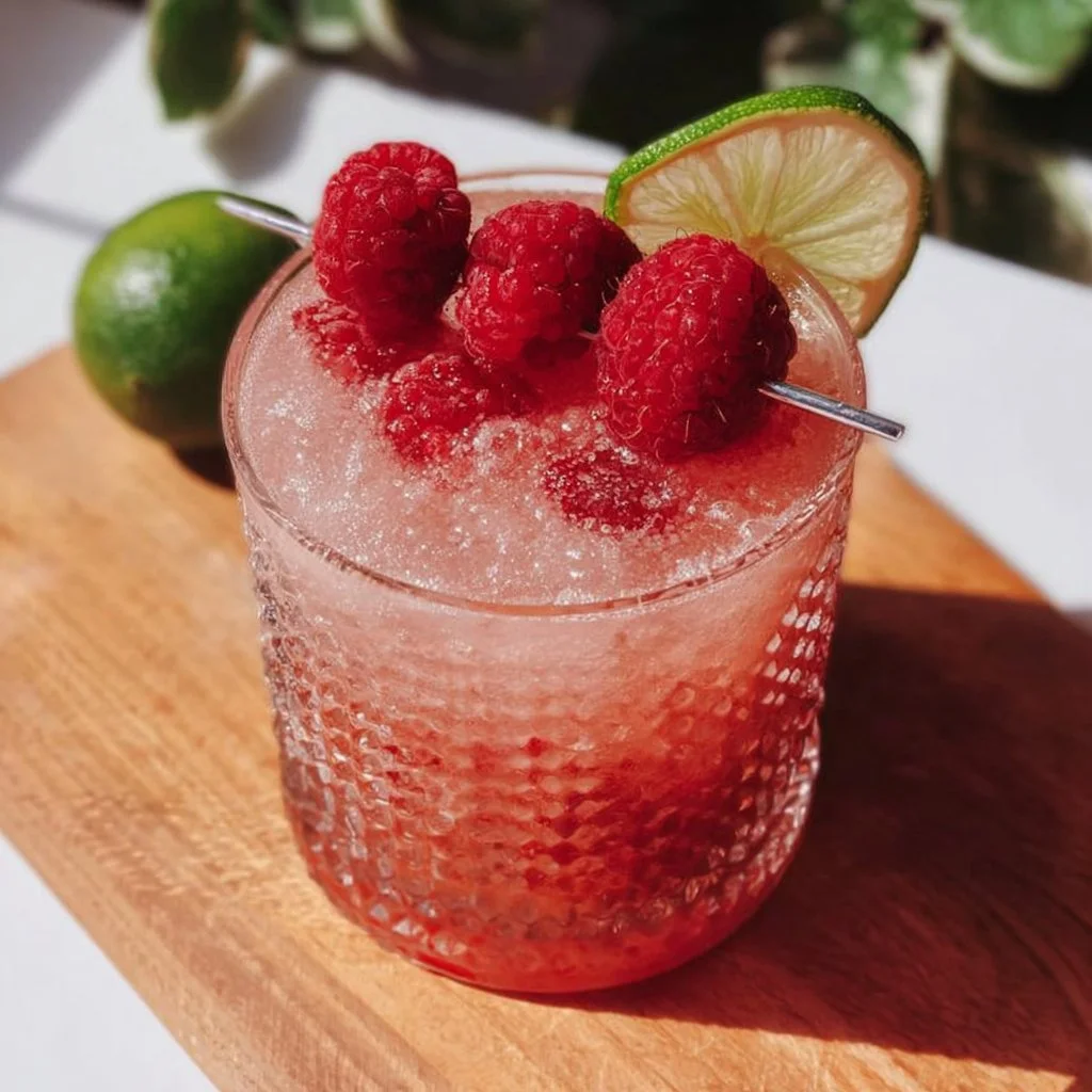 Delicious Raspberry Margarita served in a chilled glass with fresh raspberries.