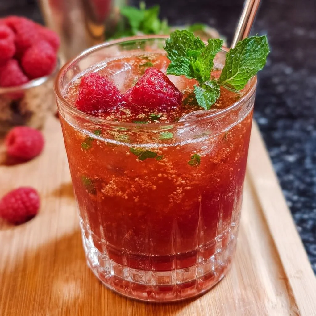 Fizzy Raspberry Mint Rum cocktail in a glass with mint leaves and raspberries