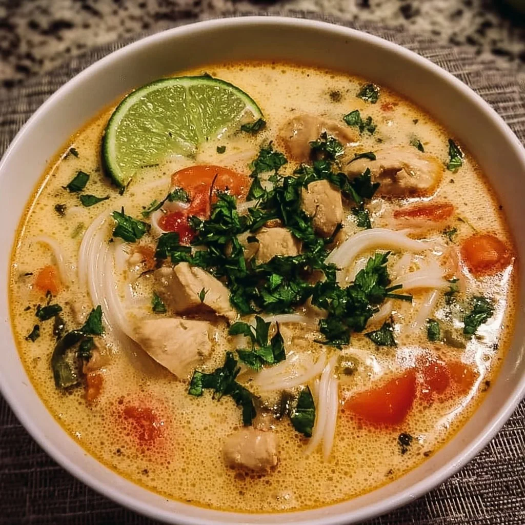 Bowl of simple Thai chicken soup with herbs and spices