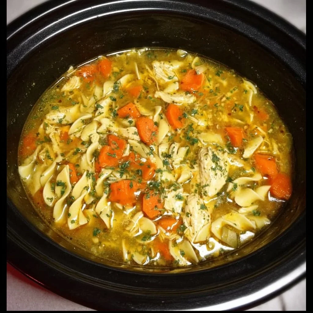 Bowl of slow cooker chicken noodle soup with fresh herbs and veggies
