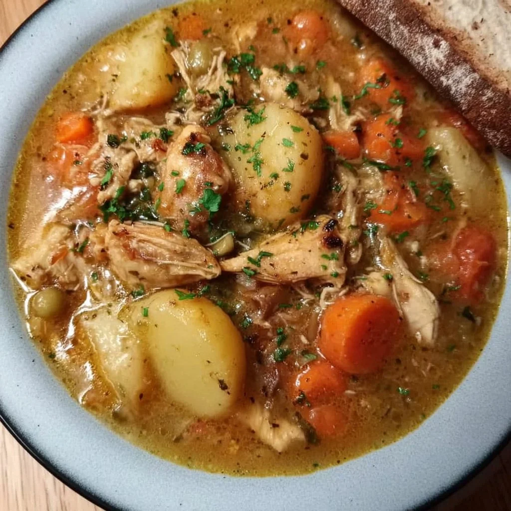 Delicious slow cooker chicken stew with vegetables and herbs in a bowl