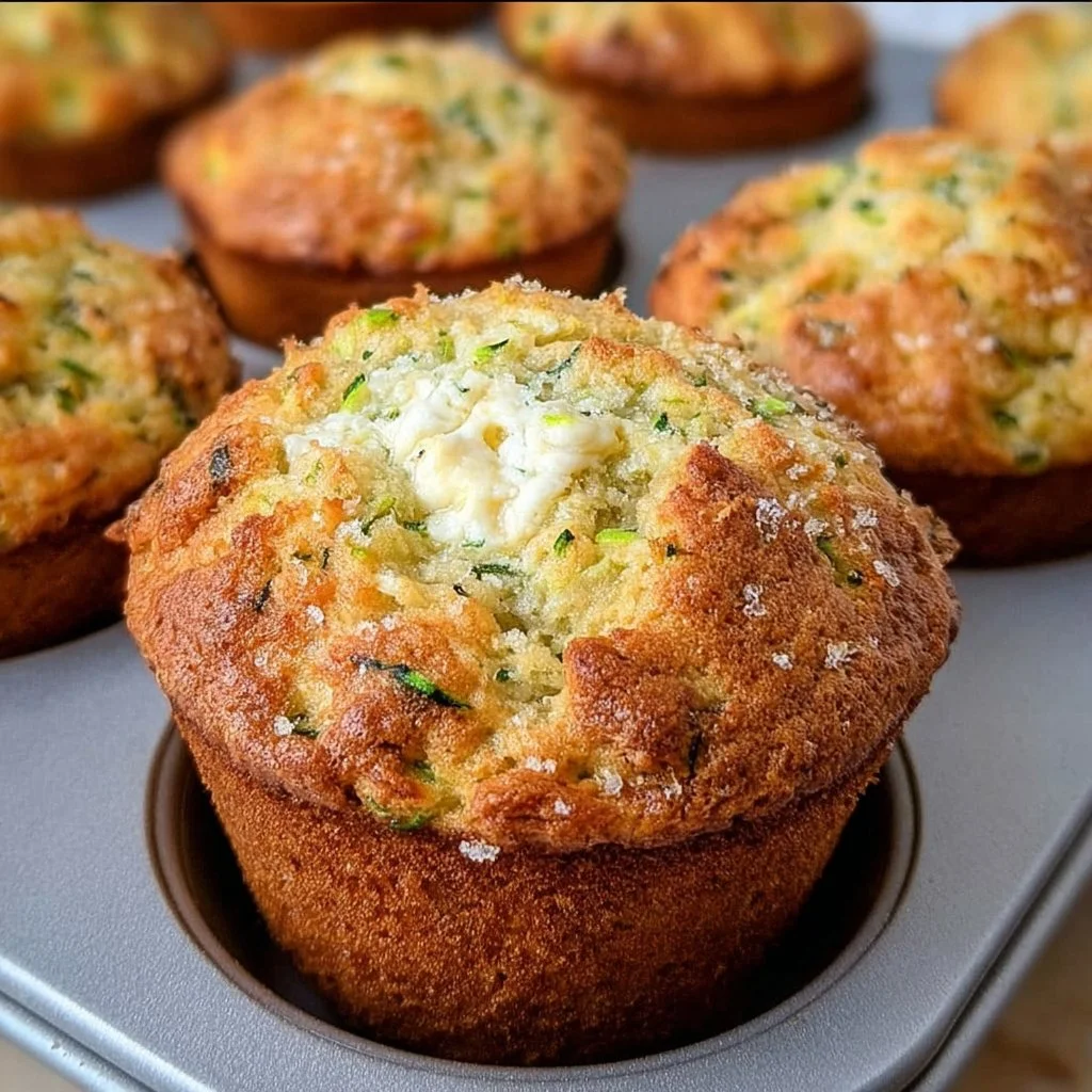 Soft Cream Cheese Zucchini Muffins with a golden brown top and moist texture