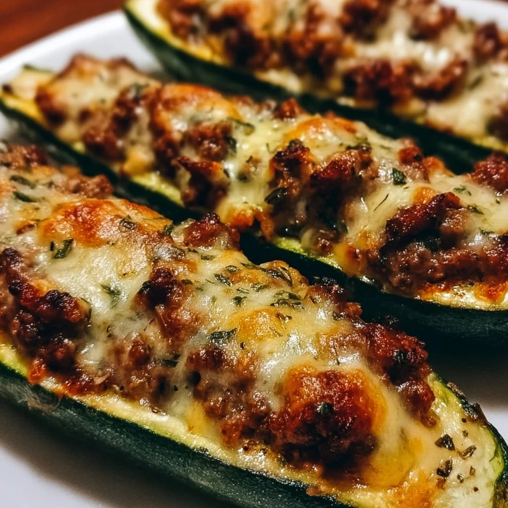 Delicious stuffed zucchini boats filled with savory ingredients, ready to serve.