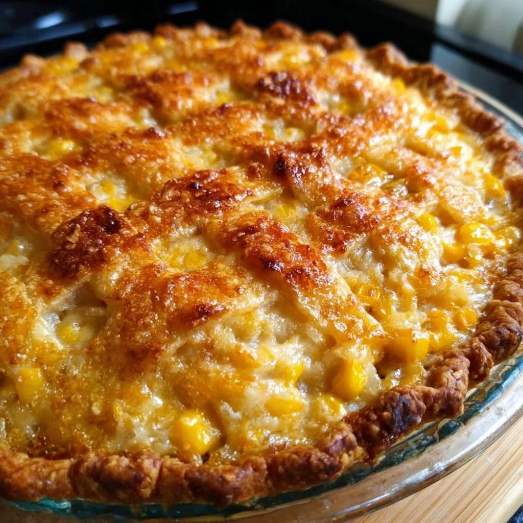 A slice of Sweet Corn Cheddar Pie served on a plate
