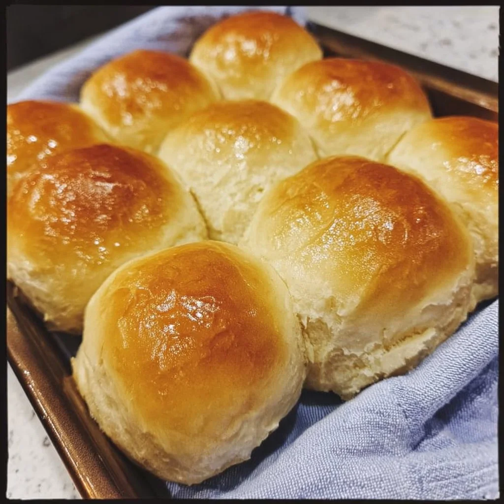 Freshly baked sweet dinner rolls on a wooden table