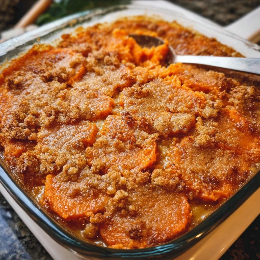 Delicious sweet potato casserole topped with marshmallows and pecans.