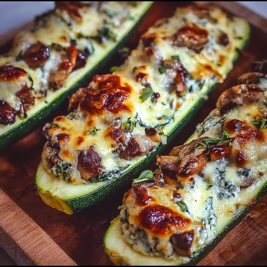 Delicious mushroom and ricotta stuffed zucchini boats ready to serve