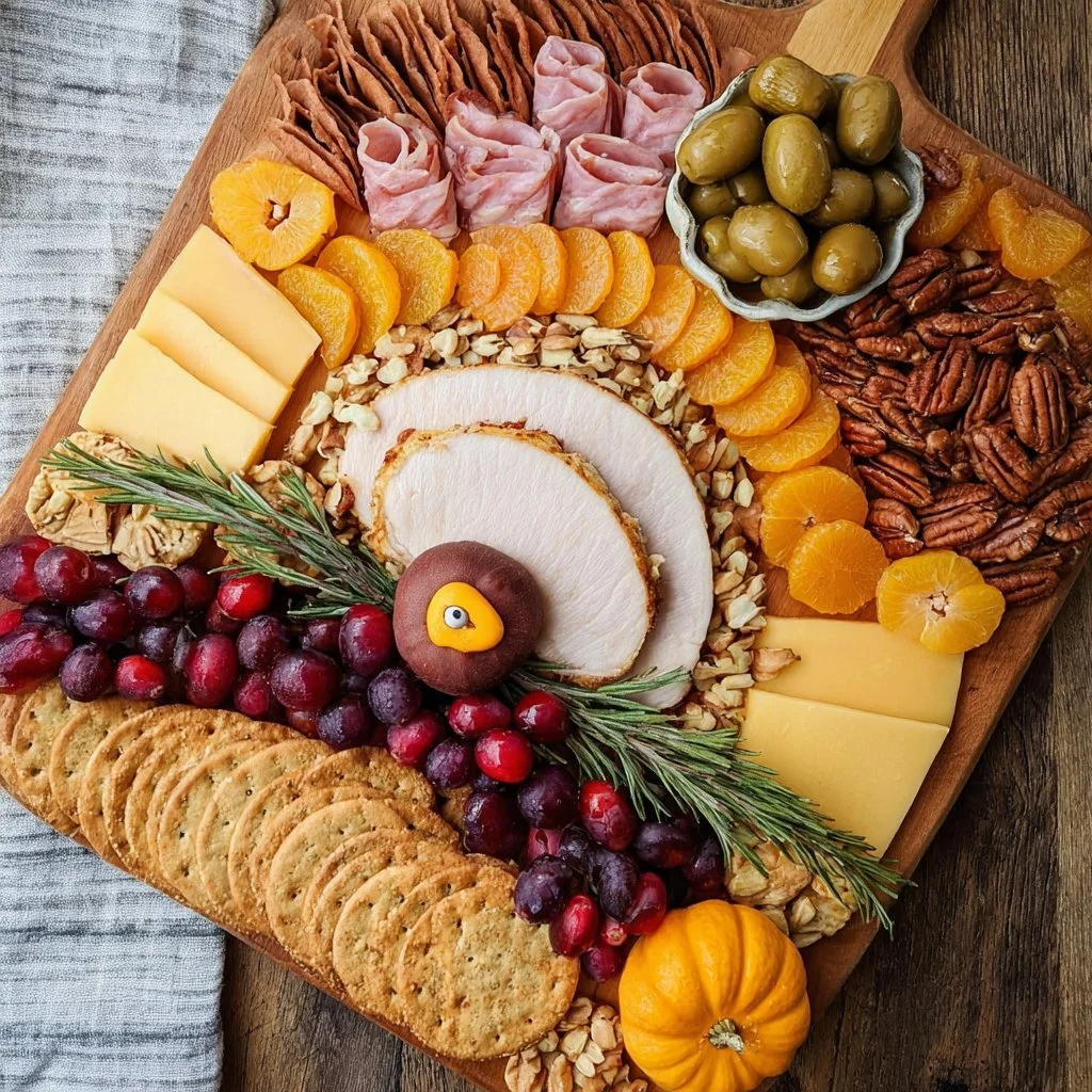 Beautifully arranged Thanksgiving Charcuterie Board with meats, cheeses, and seasonal garnishes.