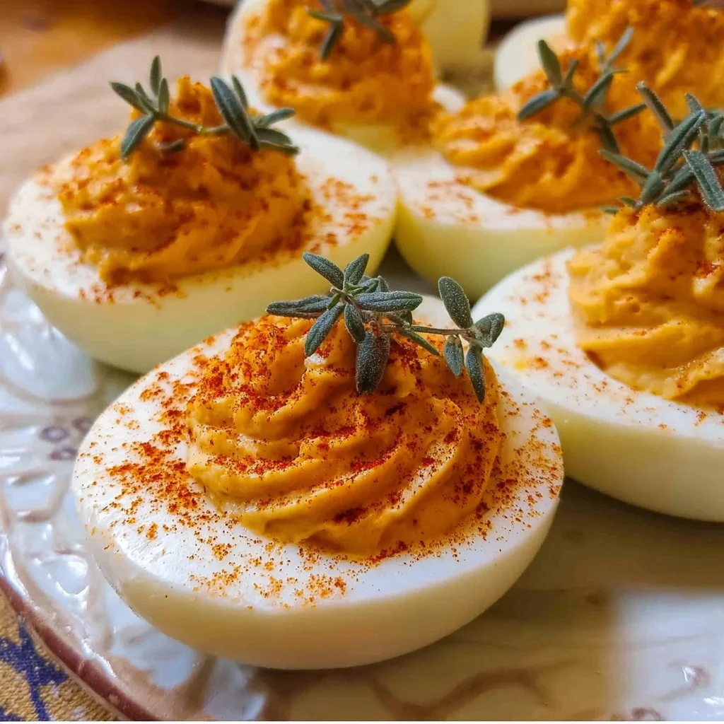 Plate of Thanksgiving deviled eggs garnished with herbs and spices