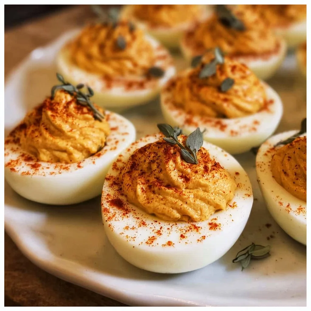 Thanksgiving deviled eggs served on a platter
