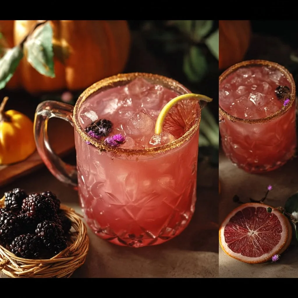 Delicious Pink Witch Punch cocktail in a glass with Halloween decorations