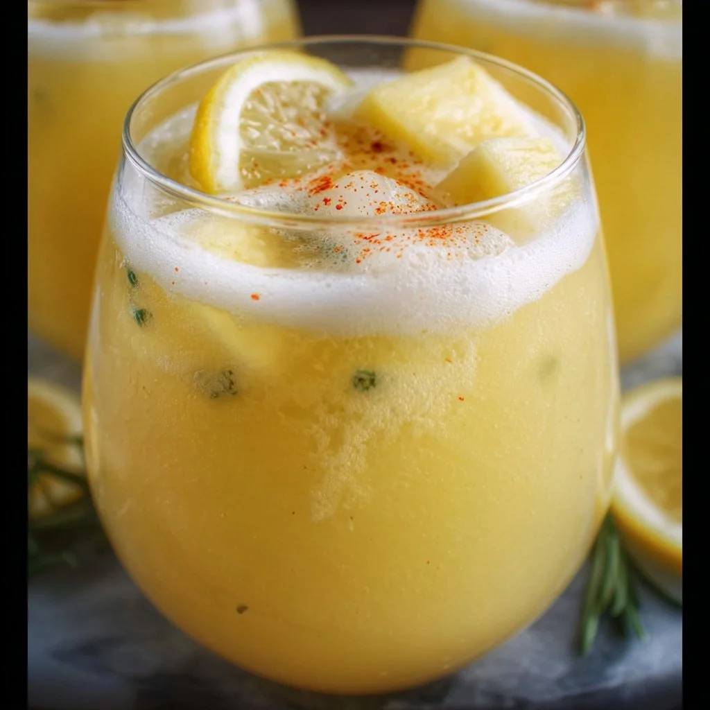 A refreshing Tropical Pineapple Lemonade Punch in a glass with fruit garnishes.