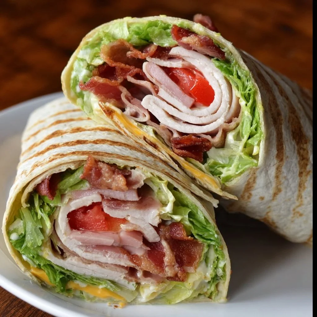 Delicious Turkey Ranch Club Wrap served with fresh ingredients and ranch dressing.