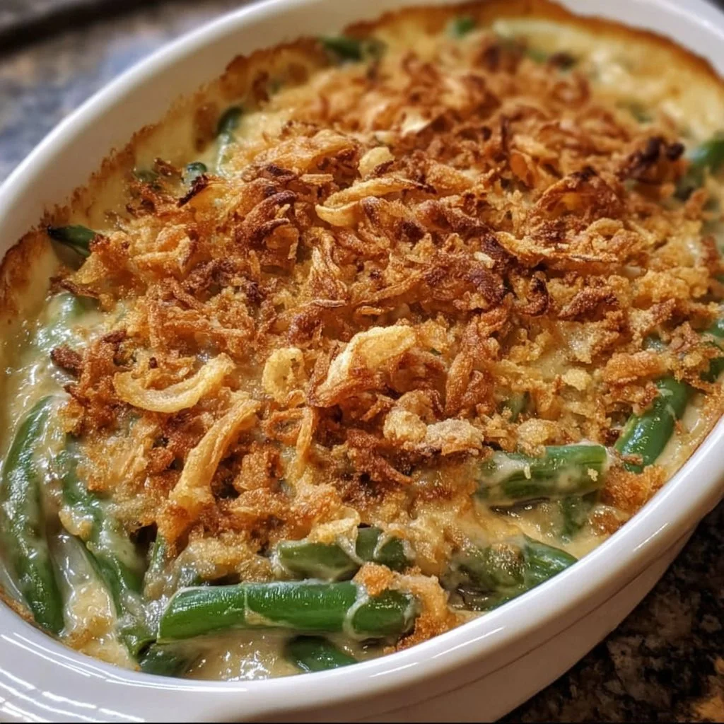 Delicious ultimate green bean casserole topped with crispy onions.