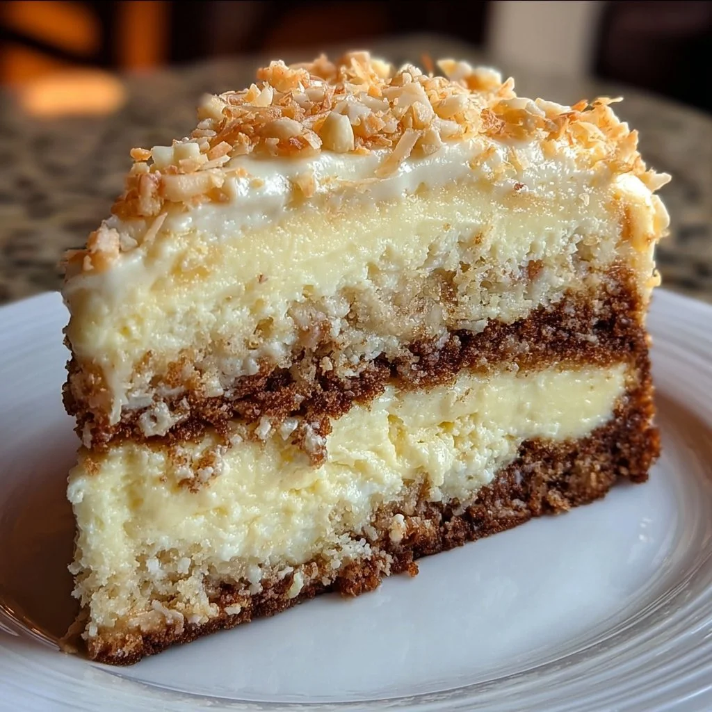Slice of White German Chocolate Cake with a cheesecake center on a cake stand