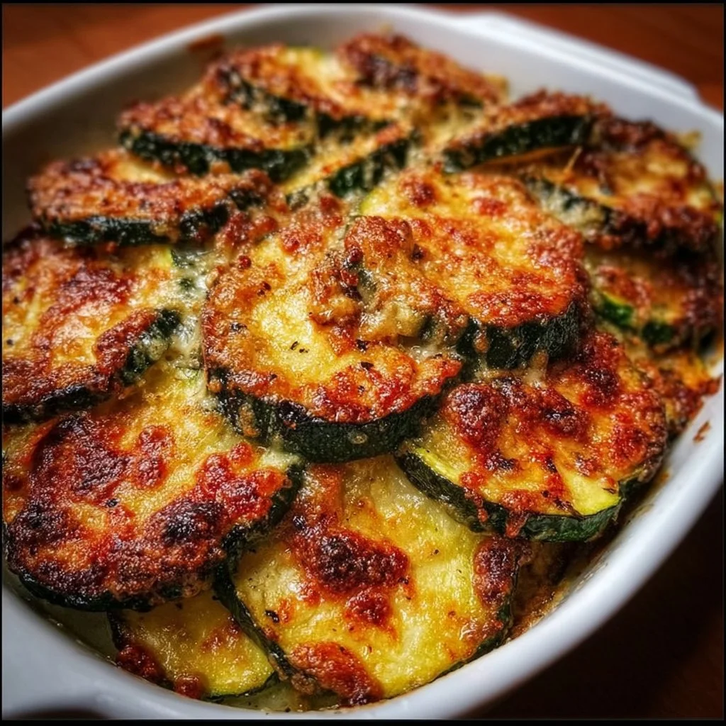Delicious zucchini bake fresh out of the oven garnished with herbs.