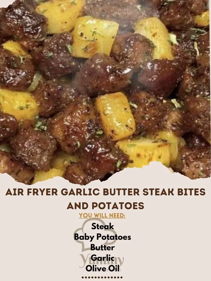Delicious Air Fryer Garlic Butter Steak Bites served with crispy potatoes