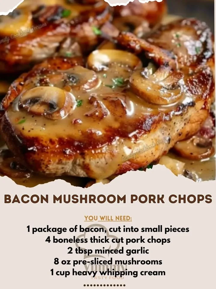 Bacon Mushroom Pork Chops garnished and served on a plate