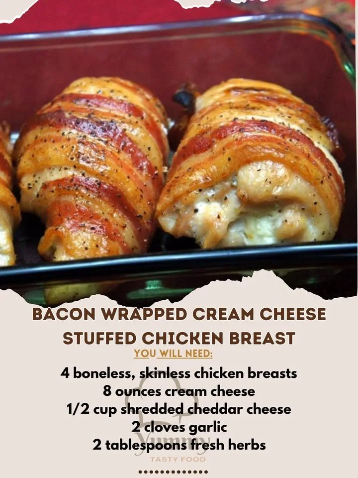 Bacon wrapped cream cheese stuffed chicken breast on a plate