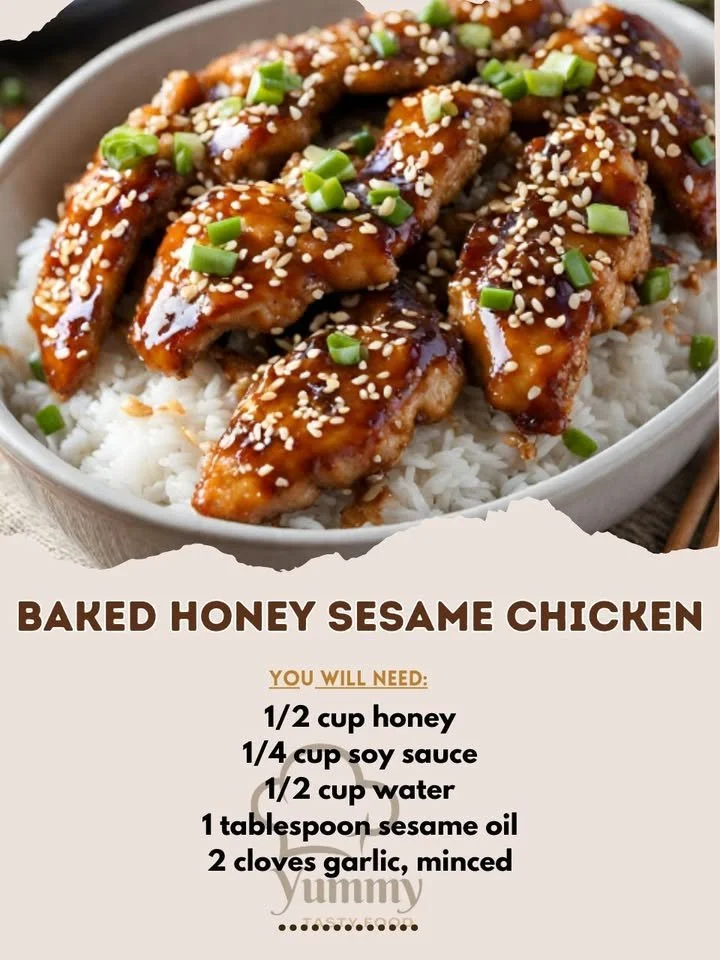 Baked honey sesame chicken garnished with sesame seeds and green onions