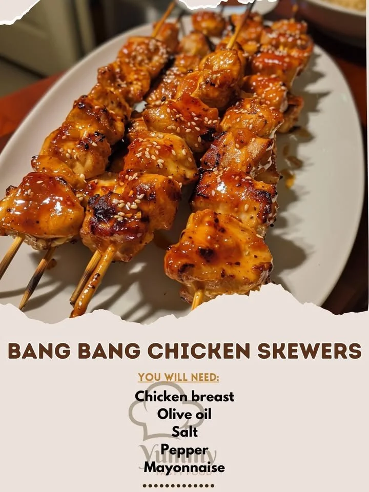 Delicious Bang Bang Chicken Skewers served on a platter