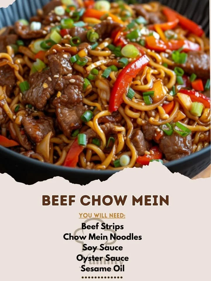 Delicious plate of Beef Chow Mein with vegetables and noodles