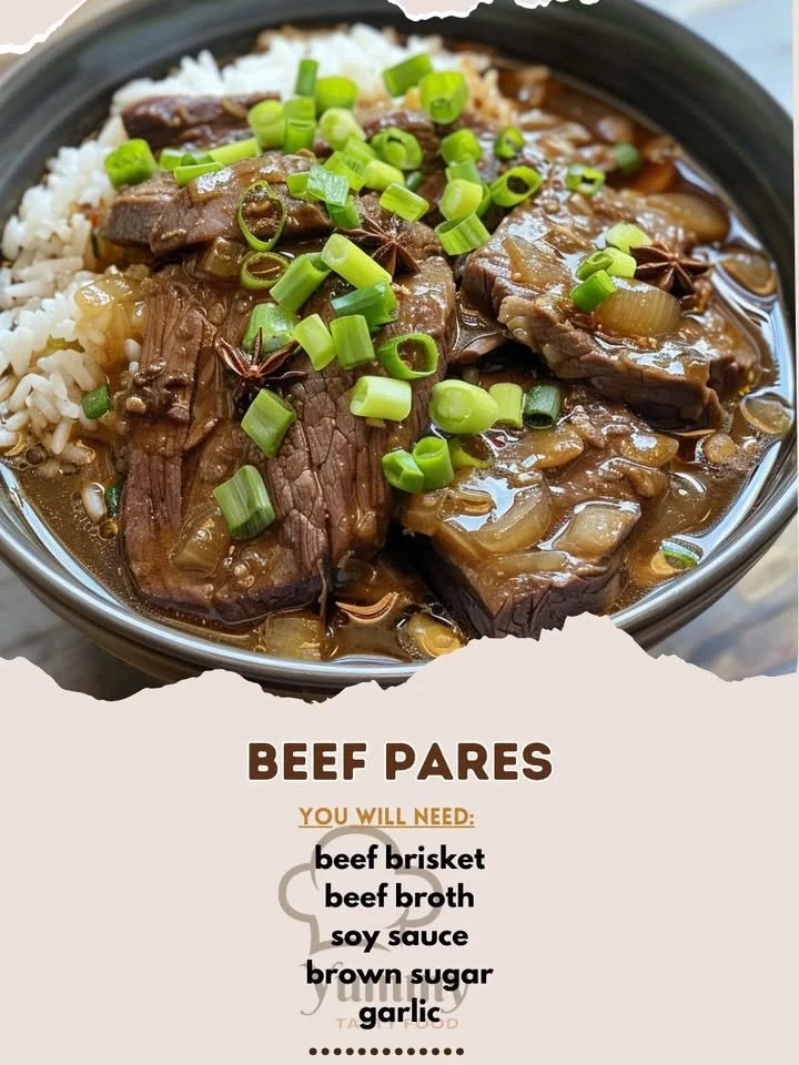 Delicious Beef Pares served in a bowl with broth and garnishes