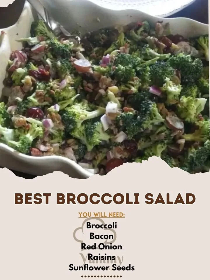 Bowl of fresh broccoli salad with nuts and dressing