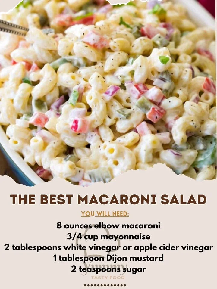 Delicious macaroni salad served in a bowl with colorful vegetables
