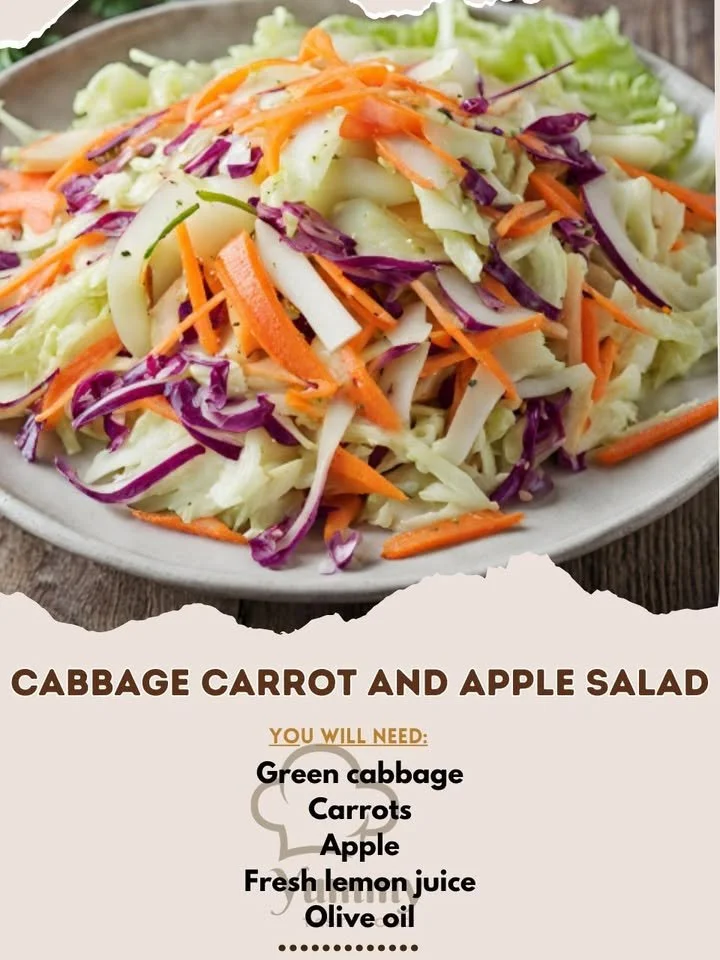 Colorful Cabbage Carrot Apple Salad in a bowl with herbs and dressing