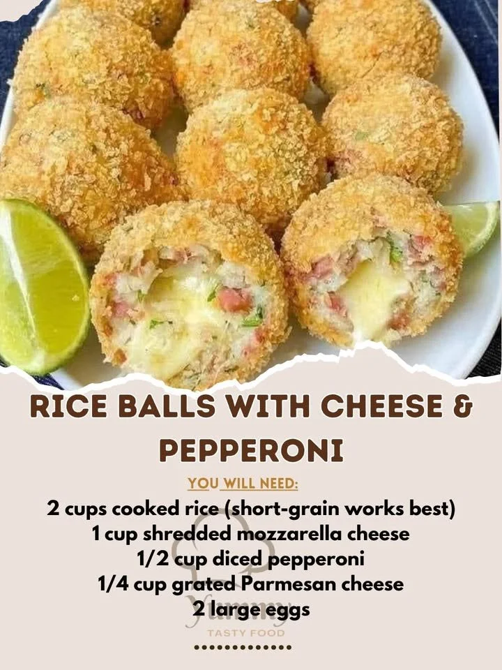 Delicious cheesy pepperoni rice balls served on a plate.