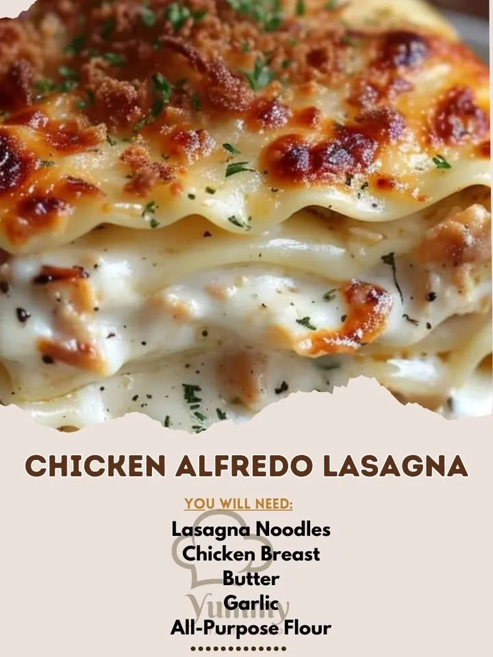 Creamy Chicken Alfredo Lasagna topped with cheese and herbs