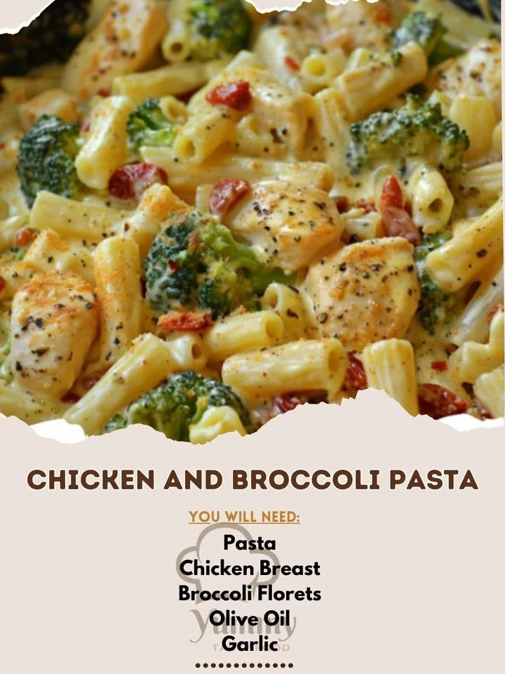 Delicious Chicken and Broccoli Pasta served in a bowl with garlic and cheese.