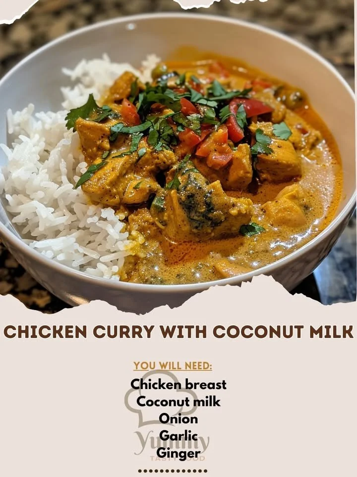 Delicious coconut milk chicken curry served in a bowl with fresh herbs