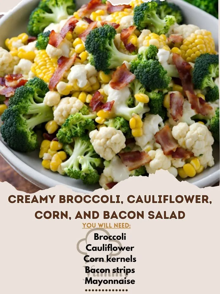 Creamy broccoli salad with cauliflower, corn, and bacon in a bowl