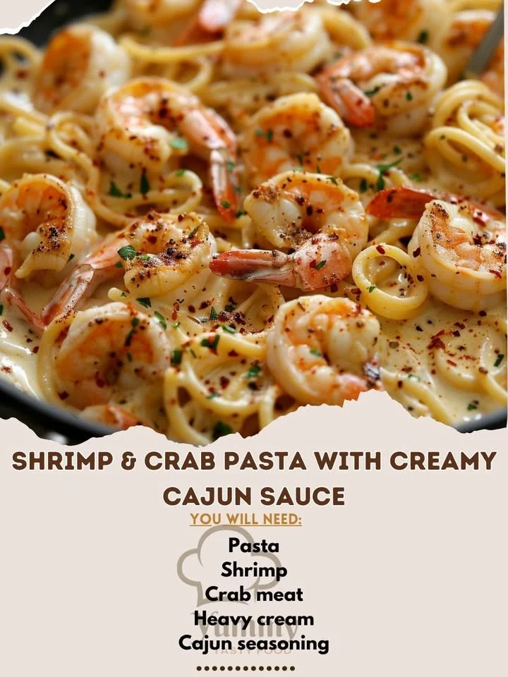Creamy Cajun shrimp and crab pasta dish garnished with herbs