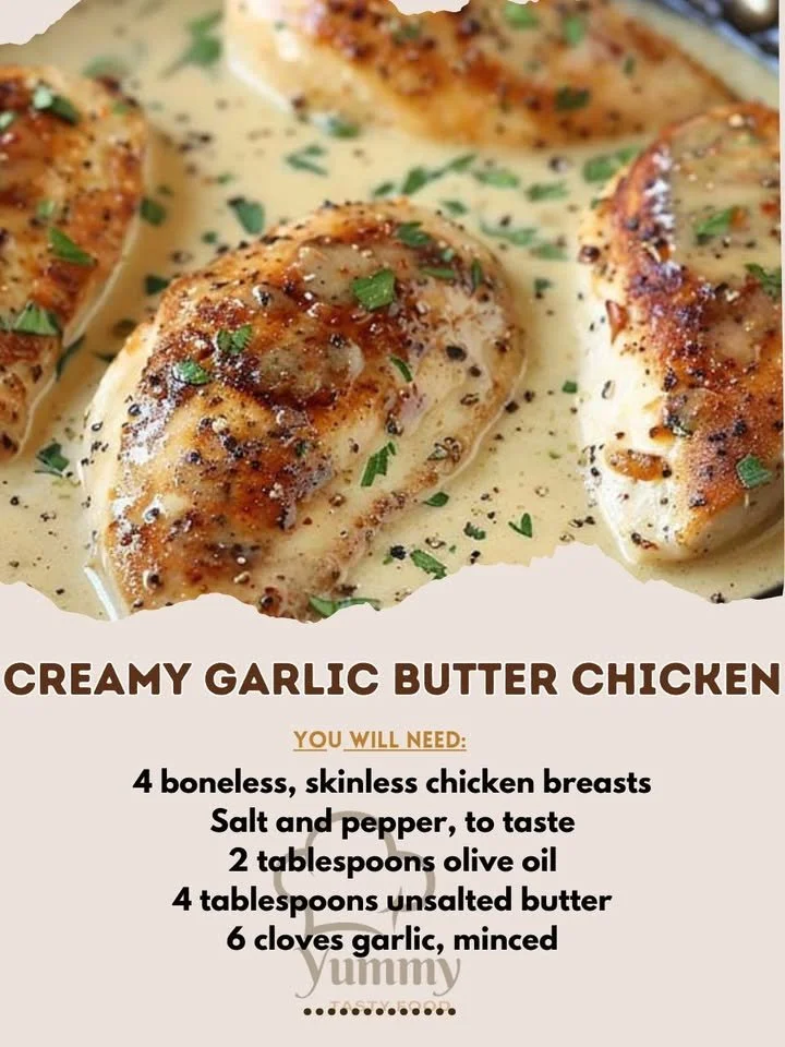 Dish of creamy garlic butter chicken served with vegetables