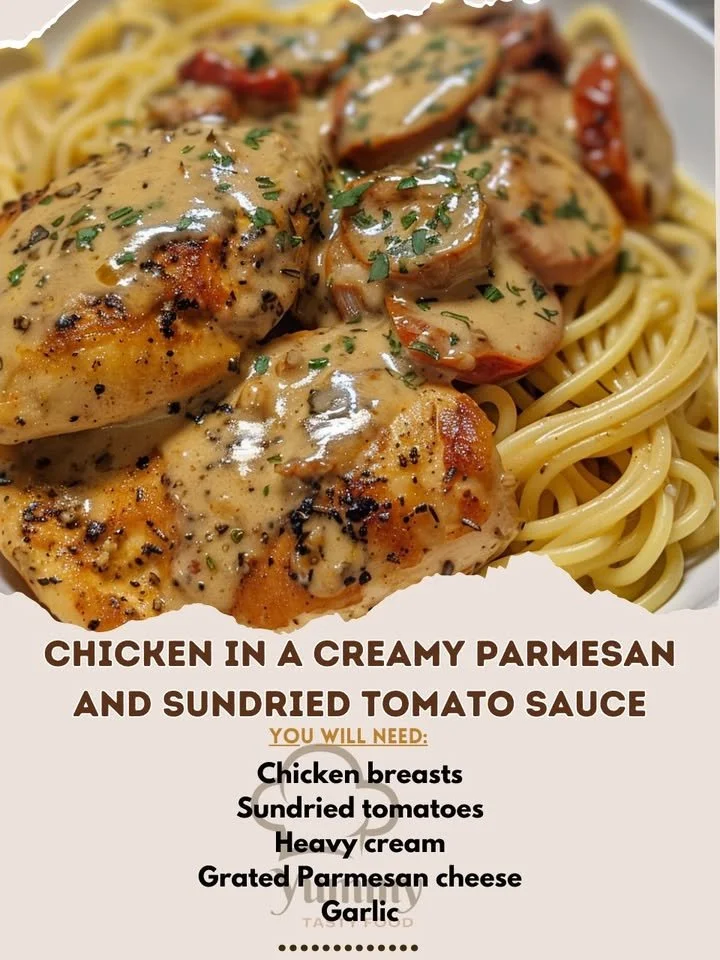 Creamy Parmesan chicken with sundried tomato sauce on a plate