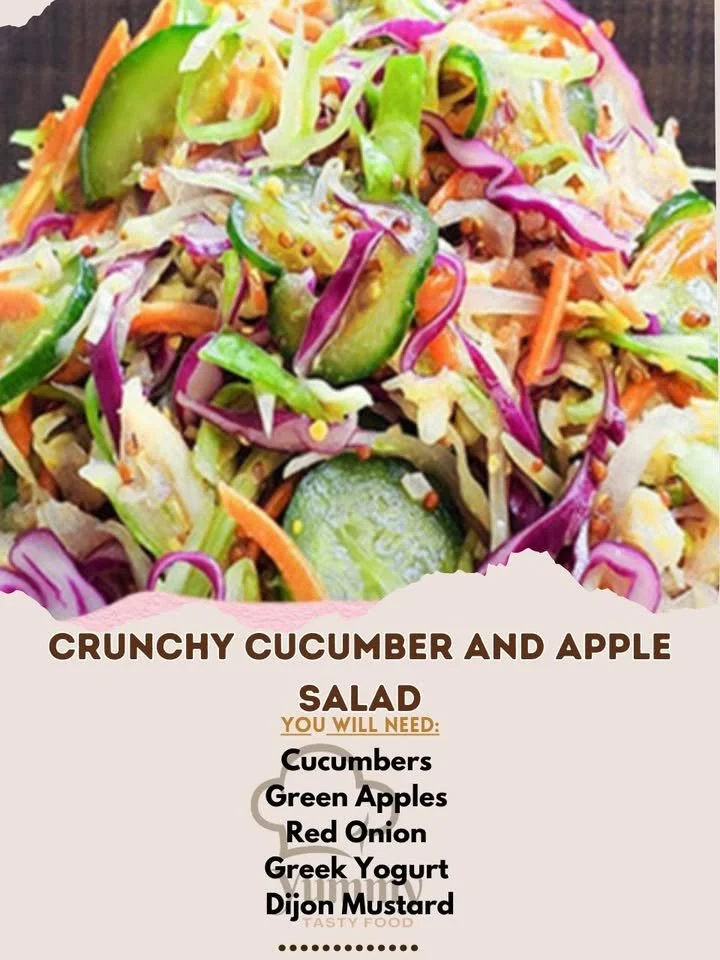 Crunchy cucumber and apple salad topped with yogurt mustard dressing