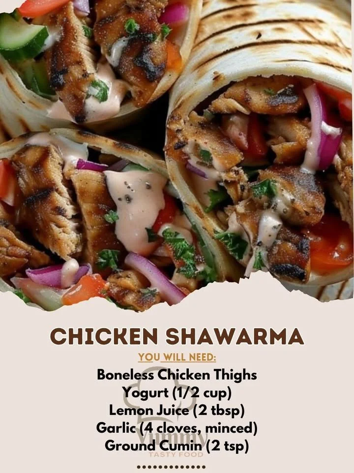 Delicious homemade chicken shawarma served with fresh vegetables and pita bread