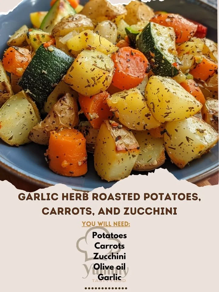 Garlic Herb Roasted Potatoes, Carrots, and Zucchini on a serving dish