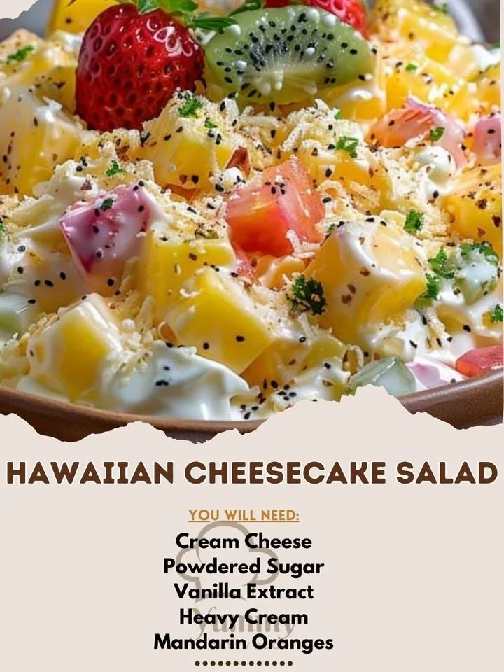 A vibrant bowl of Hawaiian cheesecake salad with fresh fruits and creamy texture.