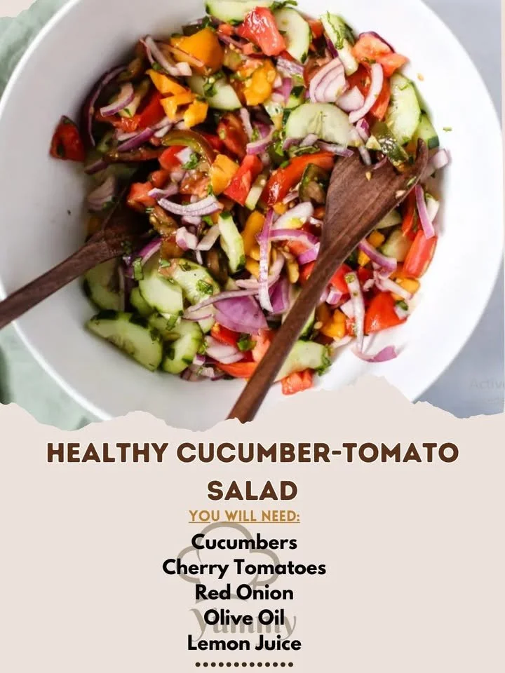 Healthy cucumber tomato salad with fresh vegetables and herbs