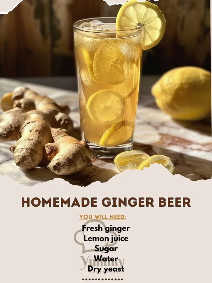 A glass of homemade ginger beer with fresh ginger and lemons