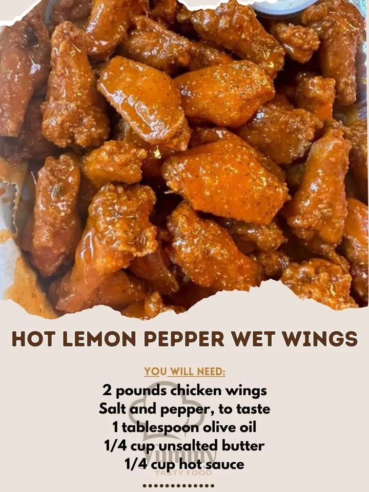 Delicious hot lemon pepper wet wings served with dipping sauce